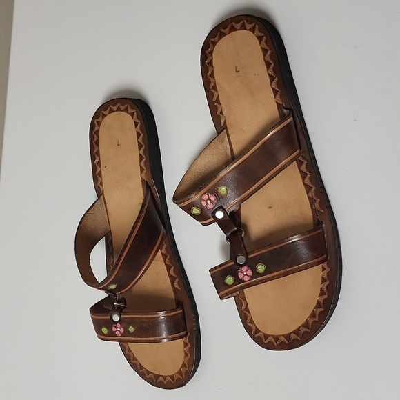Mexican Hand Tooled Brown leather upper and insole  slippers in size 7 - Picture 3 of 9